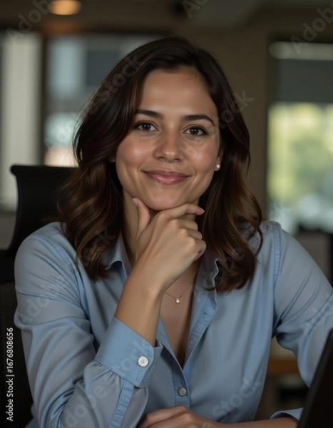 Obraz Young hispanic woman at the office with hand on chin thinking about question pensive expression smiling with thoughtful face doubt concept Professional Worker Portrait Ultra realistic Photoreali