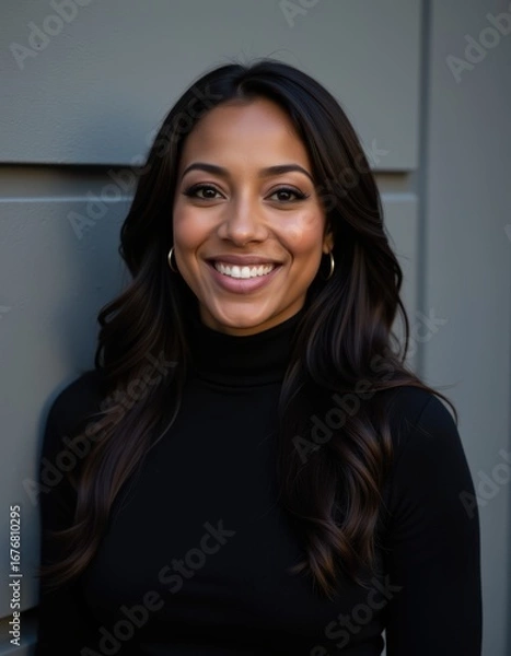 Obraz A portrait headshot photo of a professional ceo executive business worker: a black woman with long hair and a warm smile wearing gold earrings and a black turtleneck standing in front of a gray wal