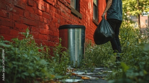 Fototapeta Hand holding garbage black bag putting in to trash,Garbage bag in a trash bin,waste management and recycling concept,black plastic bags,Waiting for the rubbish keeper officers to take them away.