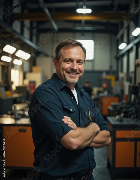 Obraz Cheerful man standing at manufacturing industry looking at camera with his arm crossed Professional Worker Portrait Ultra realistic Photorealistic  capture subject in a way that resembles a still f
