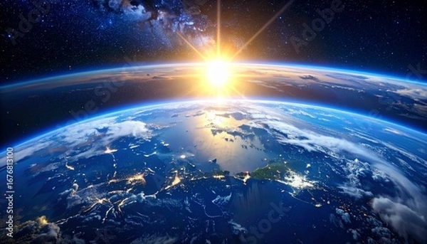 Fototapeta A breathtaking view of planet Earth with the sun rising in the cosmos.