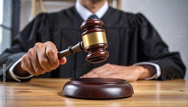 Fototapeta A judge in a courtroom holding a gavel in his hand