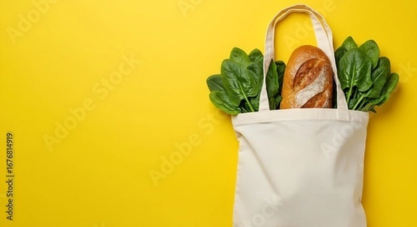 Fototapeta A burst of freshness and sustainability—green spinach and rustic bread tucked in a reusable bag, radiating warmth and conscious living.