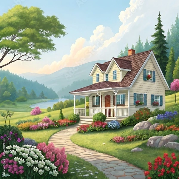 Fototapeta A charming countryside house surrounded by a vibrant garden, set against a scenic backdrop of rolling hills, forest, and a tranquil lake