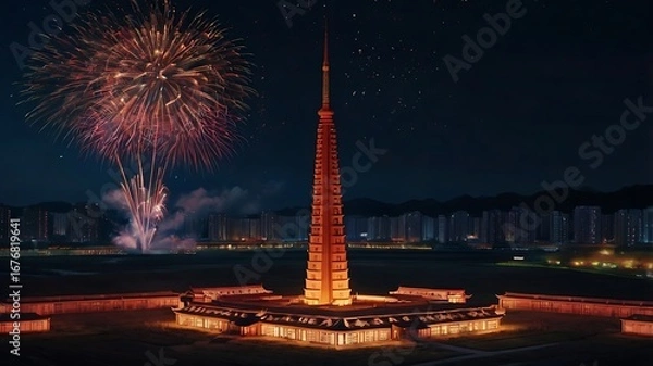 Fototapeta Traditional Korean architecture under fireworks in celebratory design