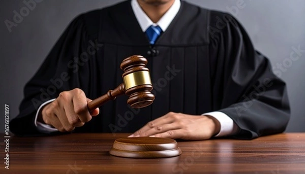 Fototapeta A judge wearing a robe is holding a gavel over a wooden desk, symbolizing law and justice