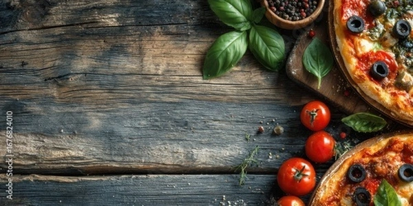 Fototapeta Gourmet pizzas with basil, tomatoes and black olives are beautifully arranged in a flat lay on a rustic wooden surface, creating an inviting food presentation.