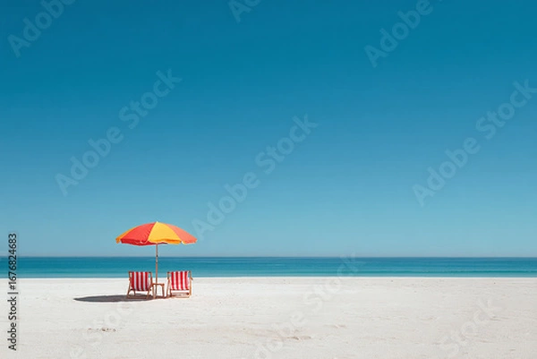 Fototapeta beach umbrella and chairs at a empty beach