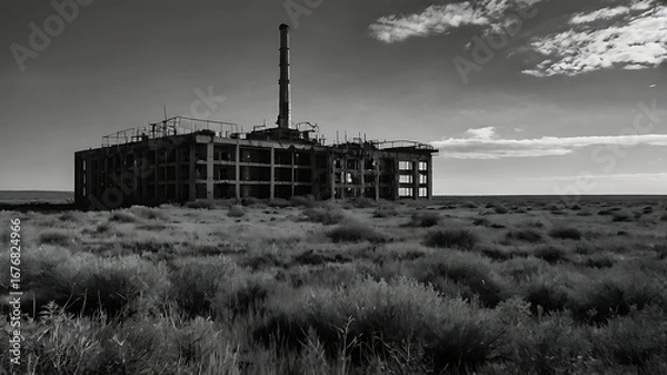 Fototapeta Forgotten nuclear test location overtaken by grass in black and white photo