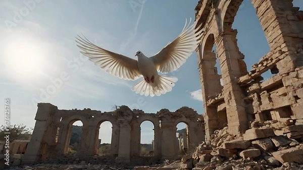 Fototapeta Symbolic dove gliding above devastation, evoking peace after sorrow