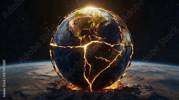 Fototapeta Digital illustration of fractured planet with nuclear core exposed
