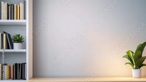 Fototapeta Minimalist white bookcase with neatly arranged books, green plants on top, wooden desk with lush foliage,succulent, soft gray wall background, cozy modern home office decor and stylish zoom background