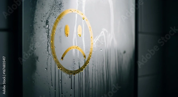 Obraz Sad face drawn on steamy window with water droplets