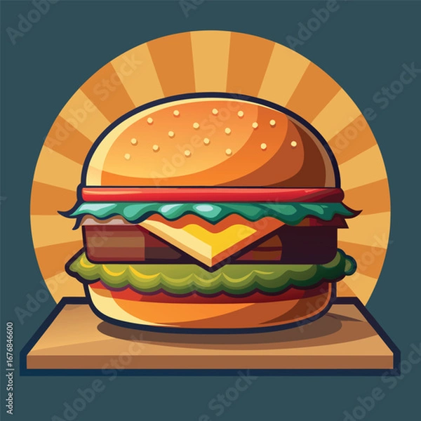 Fototapeta A Delicious Cartoon Burger on a Wooden Tray with a Retro Sunburst Background