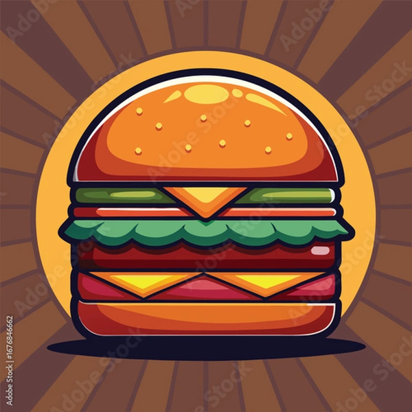 Fototapeta A Juicy and Detailed Burger Illustration with a Retro Sunburst Background