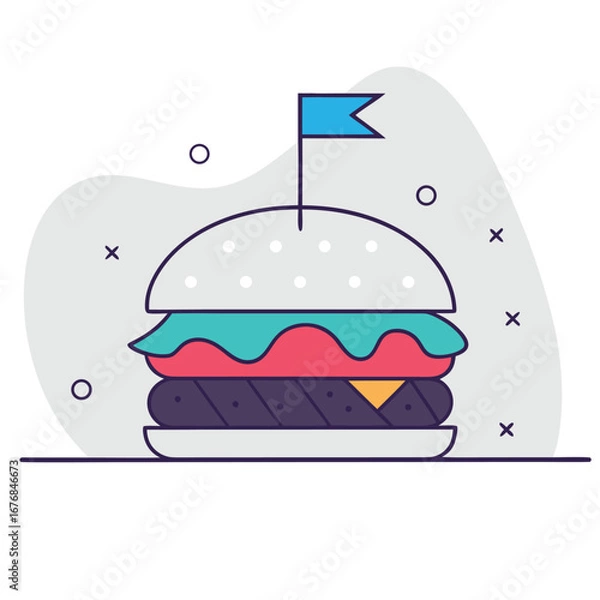 Fototapeta A Minimalist Vector Illustration of a Delicious and Juicy Burger, Surrounded by Fresh Green Leaves