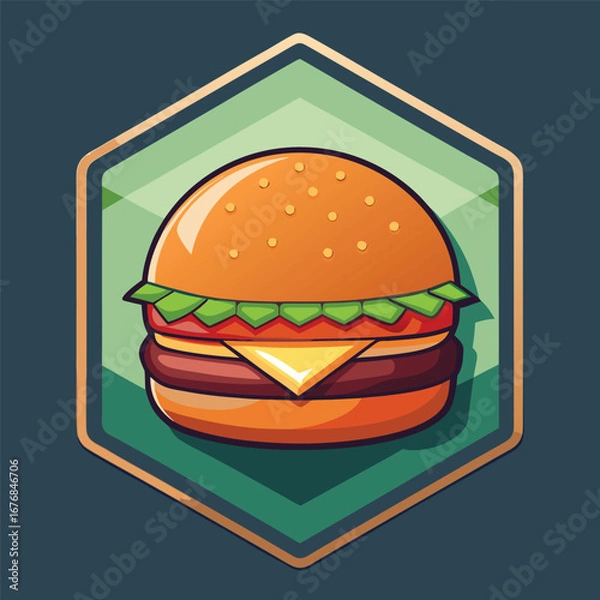 Fototapeta A Stylized Cartoon Burger Badge with a Shiny Hexagonal Frame A Retro Food Logo