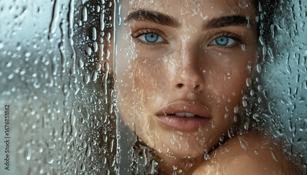 Fototapeta a striking close-up portrait of a woman with vibrant blue eyes gazing intently through a rain-streaked window, capturing a sense of vulnerability and raw beauty.
