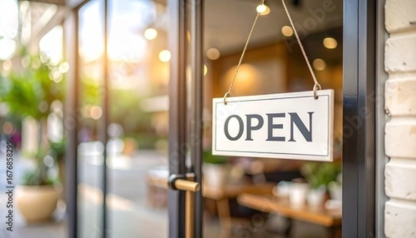 Obraz An inviting storefront displays an open sign, promising entry to a welcoming establishment. Concept for small business promotion and local economy support