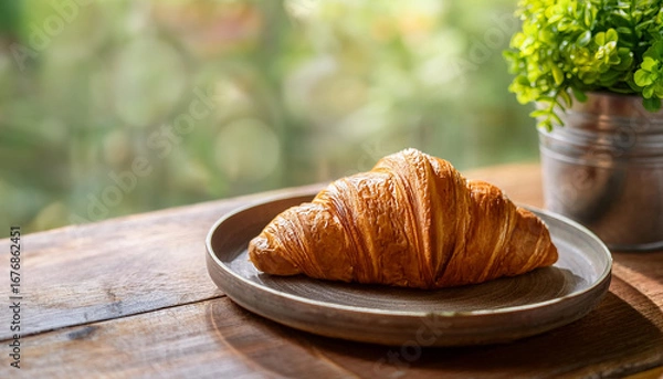 Fototapeta Freshly baked croissant on a rustic wooden table with blurred green background