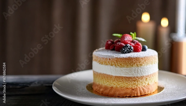 Fototapeta Exquisite Layered Sponge Cake with Fresh Berries and Powdered Sugar, Served in a Warm and Inviting Setting