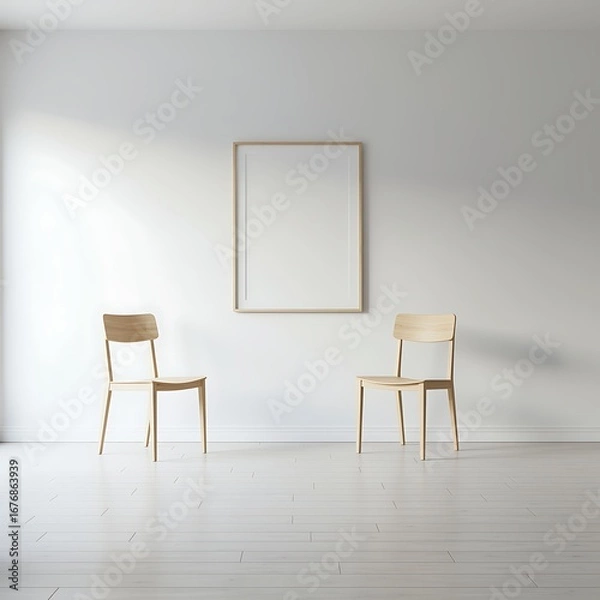 Fototapeta Minimalist Interior Design with Wooden Chairs and Blank Frame Artwork on a White Wall Creates a Serene Atmosphere