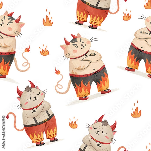 Fototapeta seamless watercolor pattern cat halloween theme on white background	
