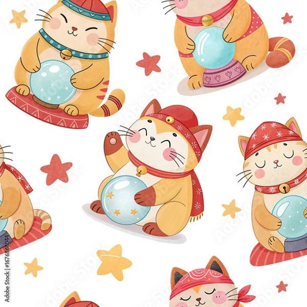 Fototapeta seamless watercolor pattern cat on white background	
