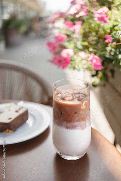Fototapeta Close-up of an iced mocha coffee and a slice of cake on a table at a street cafe in summer.