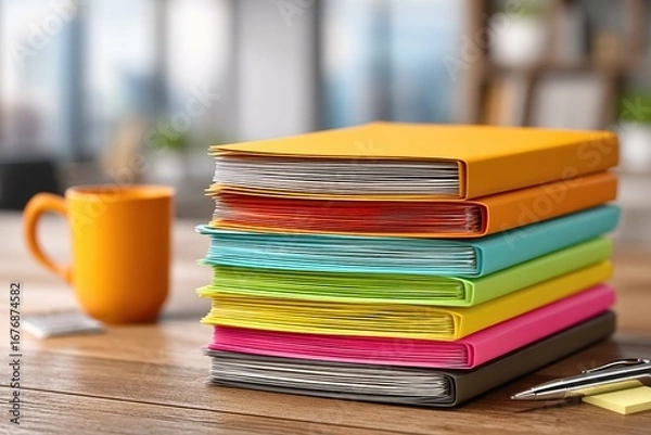 Fototapeta Stack of colorful binders with documents on a wooden desk in an office, with a pen, sticky notes and an orange mug in the background. Close-up.