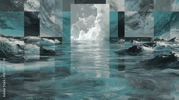 Fototapeta Floating digital river holding fragments of humanity collective regrets, reflection gray and regret teal, remorse archive