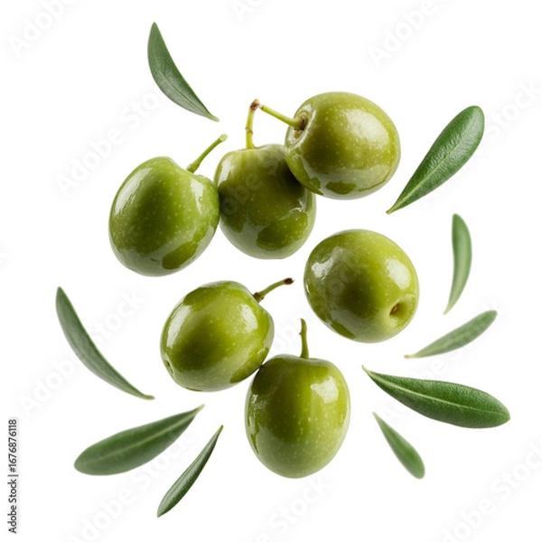 Fototapeta green olives with leaves isolated