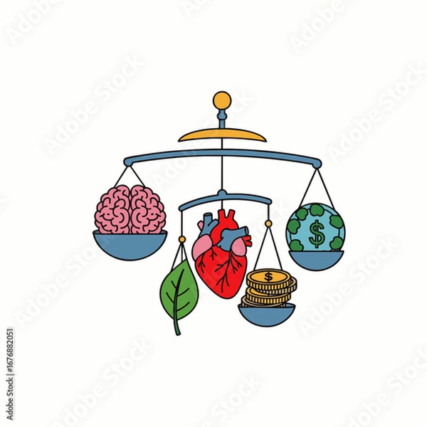Obraz This conceptual illustration depicts the delicate balance between intellect, emotion, nature, wealth, and global well-being in modern human life.