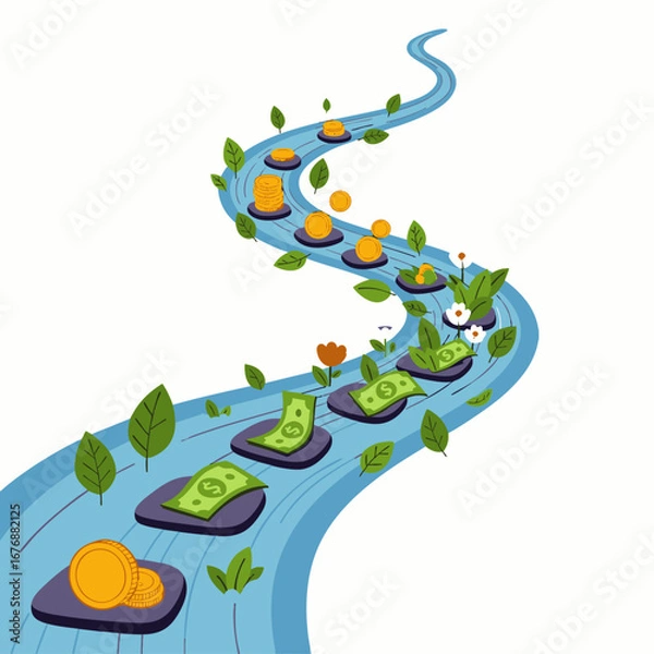 Fototapeta This conceptual illustration depicts a winding path of financial growth and investment, with money flowing like a river towards prosperity and success.