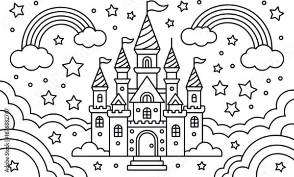 Fototapeta A whimsical, black and white line art illustration of a fairytale castle nestled amongst clouds, rainbows, and stars.