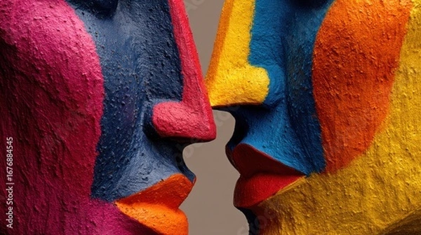 Fototapeta Two sculpted heads, painted in vibrant, contrasting colors, are dramatically close, their noses nearly touching. The figures are textured with a rough, stucco-like surface, 