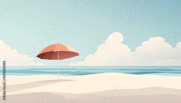 Fototapeta Beach umbrella with a beach ball and sand with Paper cut out effect