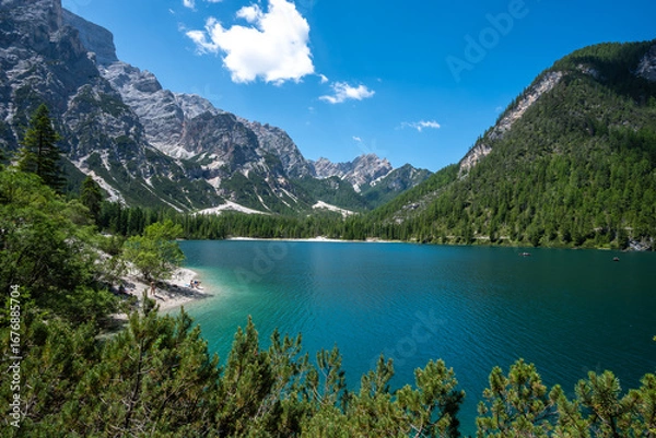 Obraz Pragser Wildsee mit Strandabschnitt.