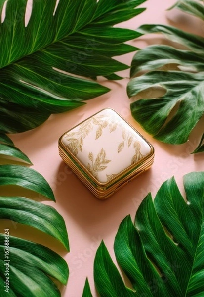 Fototapeta A small, ornate, gold-toned compact case rests centrally on a pink surface, surrounded by lush, green monstera leaves. The leaves frame the compact, creating a layered effect and a sense of tropical..