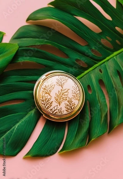 Fototapeta A close-up shot features a gold compact mirror resting delicately on a vibrant green Monstera leaf. The leaf?s deep green color contrasts beautifully with the warm gold of the mirror?