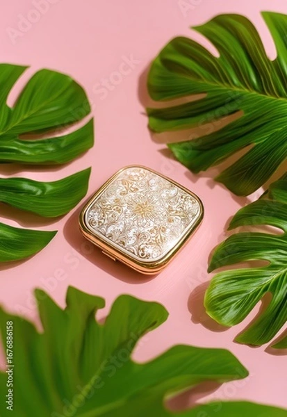 Fototapeta A luxurious, gold-toned compact mirror rests prominently on a soft pink surface, surrounded by vibrant green monstera leaves. The leaves, with their characteristic deep green color and glossy texture