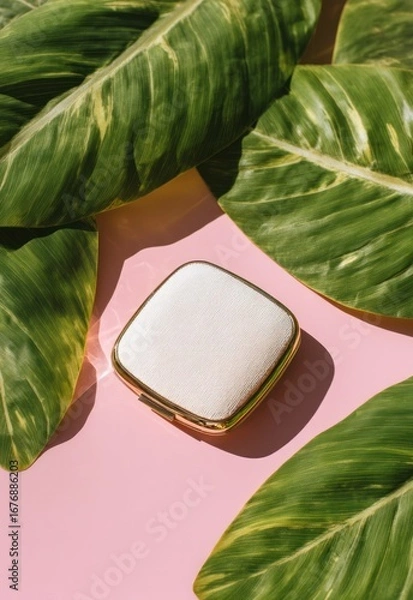 Fototapeta A small, square, white cosmetic case with gold accents rests on a soft pink surface. Lush, vibrant green leaves of a tropical plant, possibly a monstera, frame the case from the left and top, 