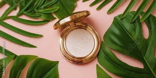 Fototapeta A closed, rose-gold compact powder sits centrally on a soft pink surface, surrounded by vibrant green monstera leaves. The leaves create a lush, tropical backdrop, adding a touch of natural elegance.