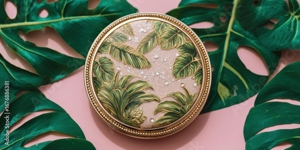 Fototapeta A decorative compact mirror sits prominently on a pink surface, surrounded by lush, green monstera leaves. The mirror?s surface is intricately decorated with...