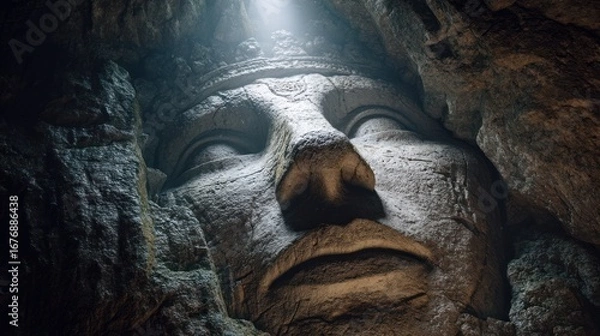 Fototapeta A dramatic, close-up shot captures the serene face of a massive stone Buddha statue carved into a cave wall. A powerful beam of light illuminates the statue?s face, highlighting the intricate...