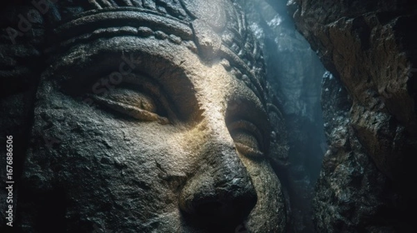 Fototapeta A dramatic, close-up shot captures the weathered face of a colossal stone Buddha statue, partially submerged within a dark, cavernous space. A powerful beam of light illuminates the statue?