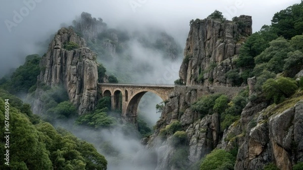 Fototapeta A dramatic, wide-angle photograph captures a majestic stone bridge spanning a deep gorge, enveloped in thick, swirling mist. Towering, rugged rock formations rise dramatically on either side...