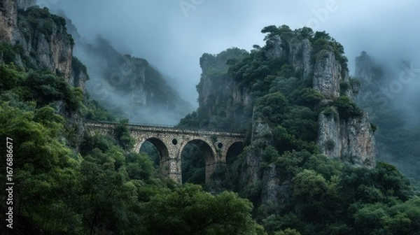 Fototapeta A dramatic, wide-angle photograph captures a weathered stone bridge spanning a deep gorge amidst a misty, mountainous landscape. Lush, vibrant green vegetation clings to the steep cliffs that flank