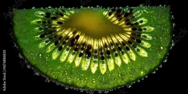 Fototapeta A dramatic, close-up photograph showcases a vibrant half-slice of kiwi fruit against a stark black background. The kiwi?s interior is meticulously revealed,