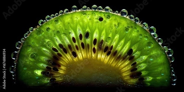 Fototapeta A dramatic, close-up photograph showcases a half-slice of kiwi fruit against a stark black background. The kiwi?s vibrant green flesh is illuminated, revealing its intricate internal structure 